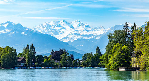 Scenic view of lake and mountains against sky