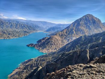 Scenic view of lake by mountains against sky