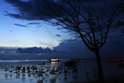 Silhouette trees by sea against sky at dusk