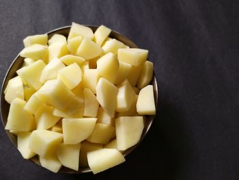 High angle view of chopped in plate on table