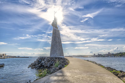 View of building by sea against cloudy sky