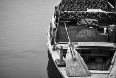 High angle view of boat moored on river