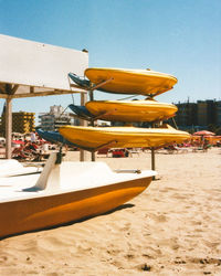 Boat moored on beach against clear sky