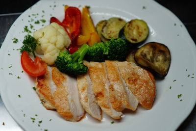 High angle view of seafood served in plate