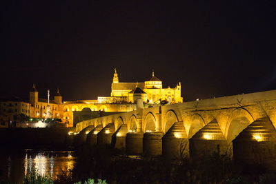 Illuminated bridge over river against buildings in city at night