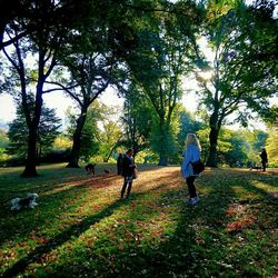 Rear view of people walking on landscape