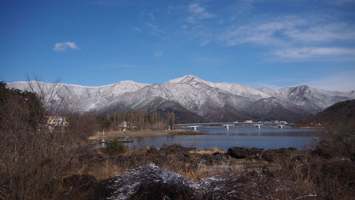 Scenic view of lake and mountains against sky