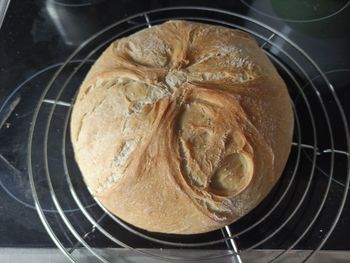 High angle view of bread in cooking pan