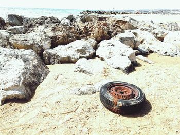 Garbage can on rock