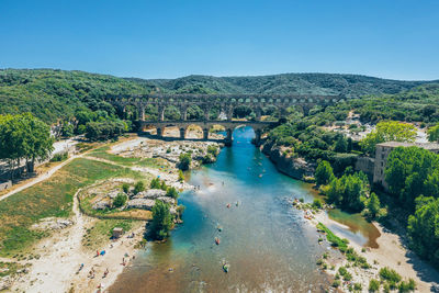 High angle view of land against clear sky