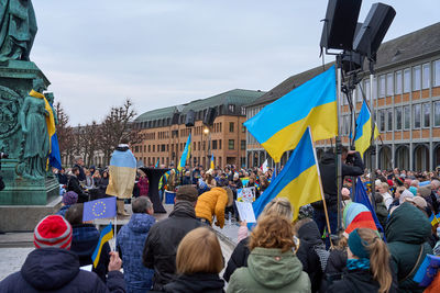 Peaceful demonstration against russia's invasion of ukraine on palace square in karlsruhe, germany. 