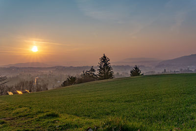 Scenic view of field against sky during sunset