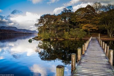 Empty wooden jetty on calm lake against trees