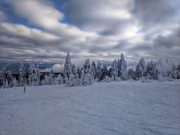 Snow covered landscape against sky