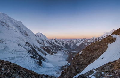 Scenic view of snowcapped mountains against clear sky