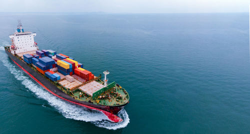 High angle view of ship in sea against sky