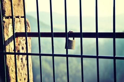 Padlock hanging on metallic fence