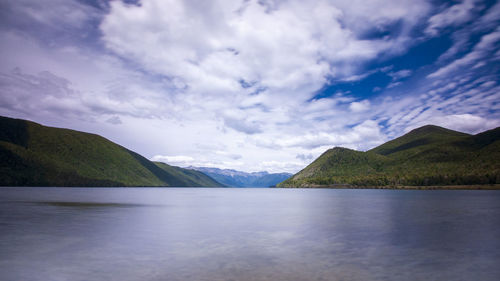 Scenic view of lake and mountains against sky