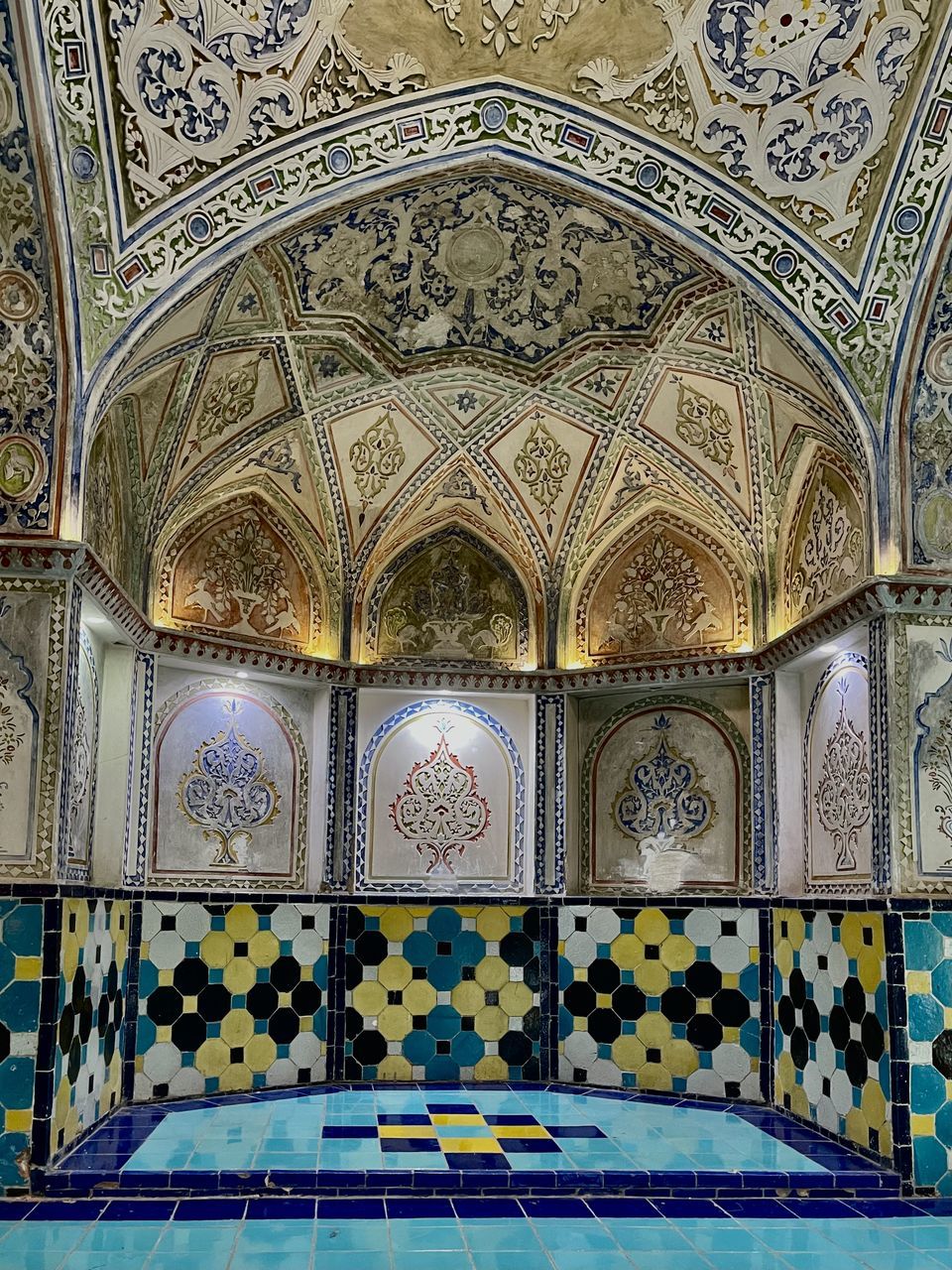 architecture, built structure, indoors, pattern, arch, ceiling, tile, building, place of worship, flooring, religion, no people, art, ornate, belief, mural, creativity, travel destinations, mosaic, spirituality, palace, the past, tiled floor, architectural feature, history, craft, day, fresco, facade, multi colored