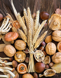 High angle view of wheat on table