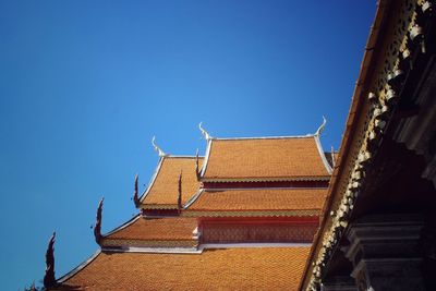 Low angle view of building against clear blue sky