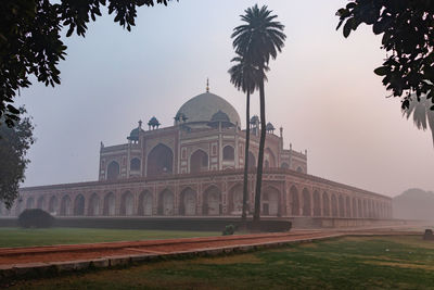 Humayun tomb at misty morning from unique perspective