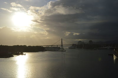 Bridge over sea against sky during sunset