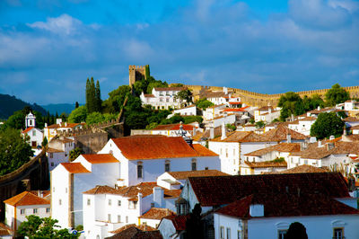 Houses in town against sky