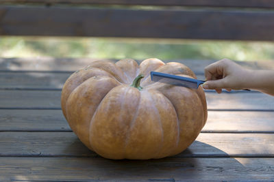 Close-up of hand holding pumpkin on table