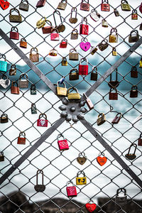 Close-up of padlocks on chainlink fence