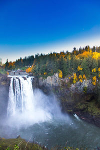 Scenic view of waterfall against clear blue sky