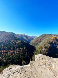 Scenic view of mountains against clear blue sky