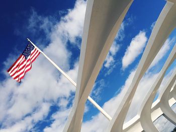 Low angle view of flags against blue sky