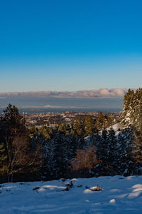 Scenic view of snow covered land against blue sky