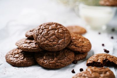 Close-up of chocolate brownie cookies on table