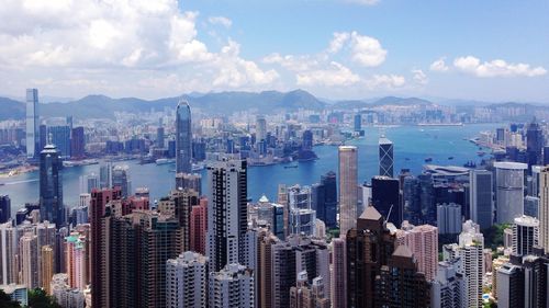 High angle view of modern buildings by river
