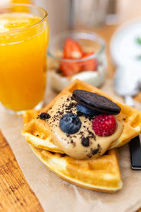 Close-up of breakfast served on table