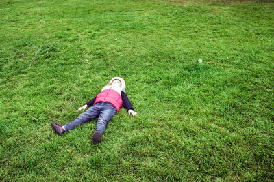 High angle view of woman on field