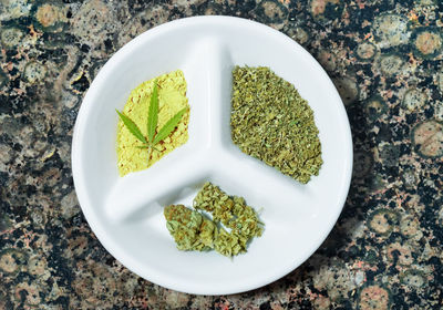 High angle view of vegetables in plate on table