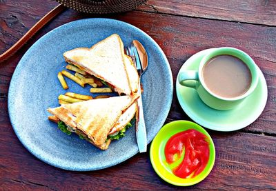 High angle view of breakfast served on table