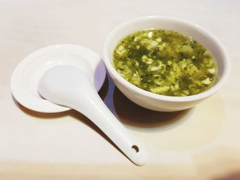 High angle view of salad in bowl on table