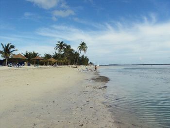 View of calm beach against blue sky