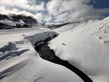 Scenic view of snow covered mountains against sky