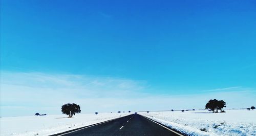 Road by trees against blue sky during winter