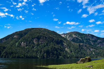 Scenic view of lake and mountains against sky