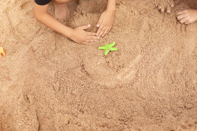 High angle view of hands playing on sand