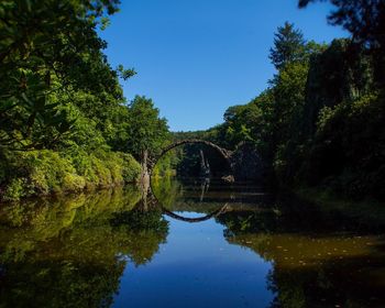 Rakotz bridge reflection on river amidst trees against clear blue sky