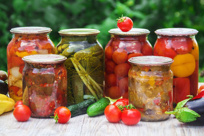 Close-up of food in jars on table