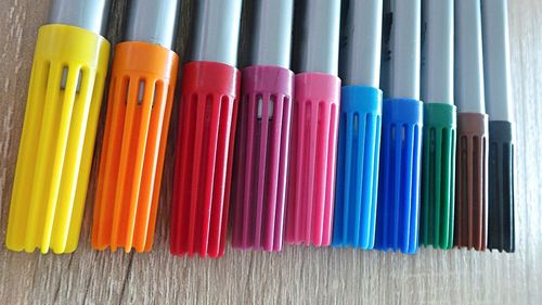 Close-up of colorful pencils, markers