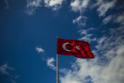 Low angle view of flag against sky